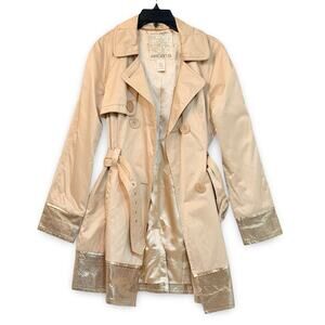 Arden B Y2K Beige Belted Trench Coat Women’s Size M Gold Metallic Trim Classic